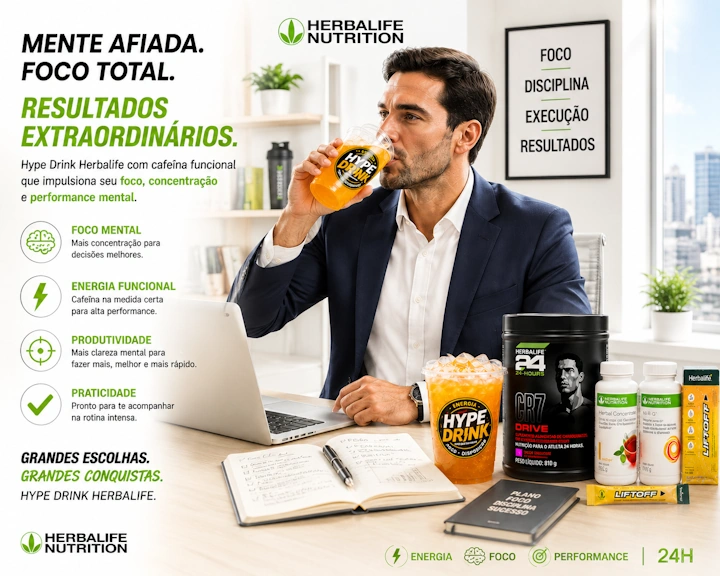 Executivo utilizando Hype Drink Herbalife durante rotina de alta produtividade e foco mental
