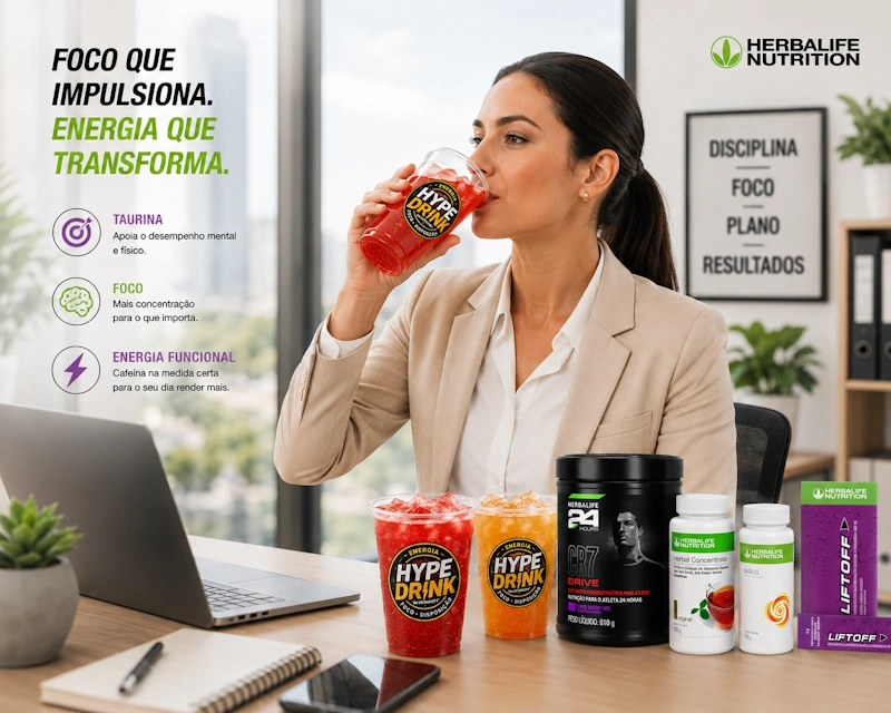 Executiva utilizando Hype Drink Herbalife para foco mental e produtividade com taurina